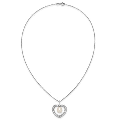 Sterling Silver Rhodium-plated 8-9mm Rice White Freshwater Cultured Pearl and CZ Open Heart 17 inch Necklace
