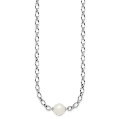 Sterling Silver Rhodium-plated 12-13mm Semi-Round White Freshwater Cultured Pearl Center and Open Link Cable Chain 18 inch Necklace