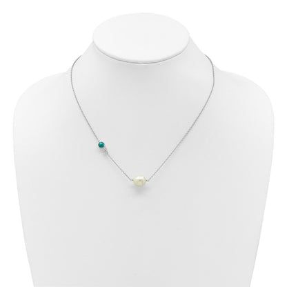 Sterling Silver Rhodium-plated CZ, Compressed Turquoise and White Freshwater Cultured Pearl 16 inch with 2 inch Extension Necklace