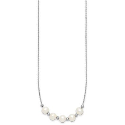 Sterling Silver Rhodium-plated 7-8mm Semi-Round White Freshwater Cultured Pearl and Beads 16 inch with 2 inch Extender Necklace