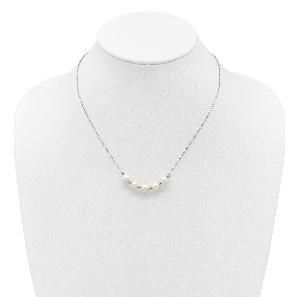 Sterling Silver Rhodium-plated 7-8mm Semi-Round White Freshwater Cultured Pearl and Beads 16 inch with 2 inch Extender Necklace