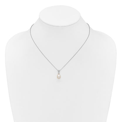 Sterling Silver Rhodium-plated 7-9mm Teardrop White Freshwater Cultured Pearl and CZ 17 inch Necklace and Dangle Post Earring Set