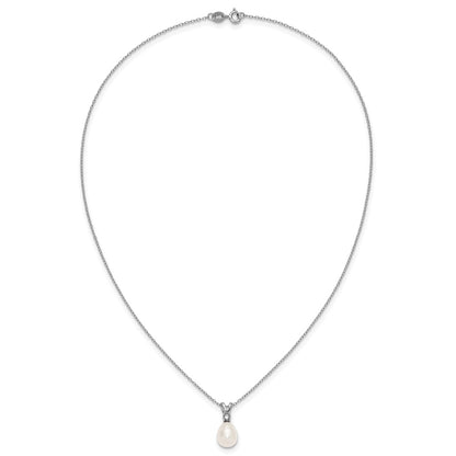 Sterling Silver Rhodium-plated 7-9mm Teardrop White Freshwater Cultured Pearl and CZ 17 inch Necklace and Dangle Post Earring Set