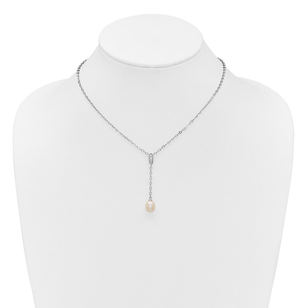 Sterling Silver Rhodium-plated 6-9mm Teardrop White Freshwater Cultured Pearl 16 inch Y-Necklace and Chain Dangle Post Earring Set
