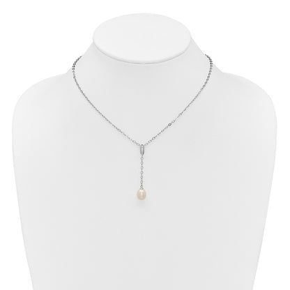 Sterling Silver Rhodium-plated 6-9mm Teardrop White Freshwater Cultured Pearl 16 inch Y-Necklace and Chain Dangle Post Earring Set