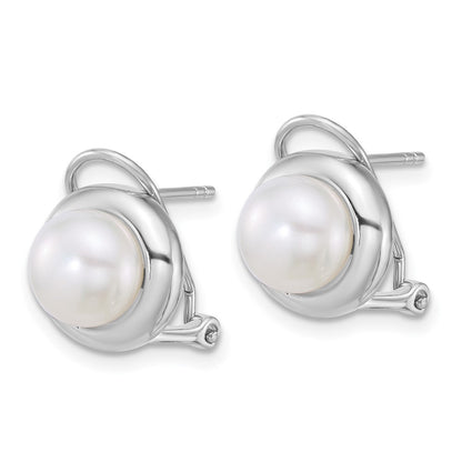 Sterling Silver Rhodium-plated 8-10mm Button White Freshwater Cultured Pearl 17 inch Necklace and Omega Back Earring Set