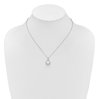 Sterling Silver Rhodium-plated 8-10mm Button White Freshwater Cultured Pearl 17 inch Necklace and Omega Back Earring Set