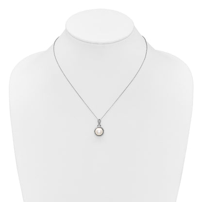 Sterling Silver Rhodium-plated 8-10mm Button White Freshwater Cultured Pearl and CZ 17 inch Necklace and Dangle Shepherd Hook Earring Set