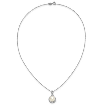 Sterling Silver Rhodium-plated 8-10mm Button White Freshwater Cultured Pearl and CZ 17 inch Necklace and Dangle Shepherd Hook Earring Set