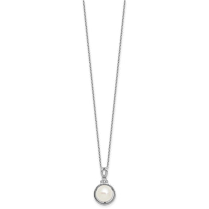 Sterling Silver Rhodium-plated 8-10mm Button White Freshwater Cultured Pearl and CZ 17 inch Necklace and Dangle Shepherd Hook Earring Set
