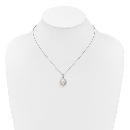 Sterling Silver Rhodium-plated 7-9mm Button White Freshwater Cultured Pearl and CZ Halo 17 inch Necklace and Post Earring Set