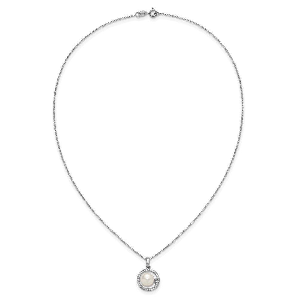 Sterling Silver Rhodium-plated 7-9mm Button White Freshwater Cultured Pearl and CZ Halo 17 inch Necklace and Post Earring Set