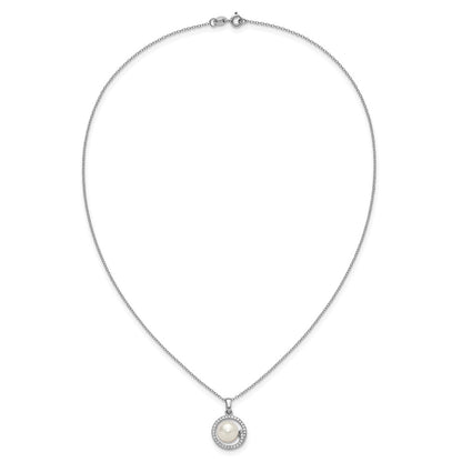 Sterling Silver Rhodium-plated 7-9mm Button White Freshwater Cultured Pearl and CZ Halo 17 inch Necklace and Post Earring Set