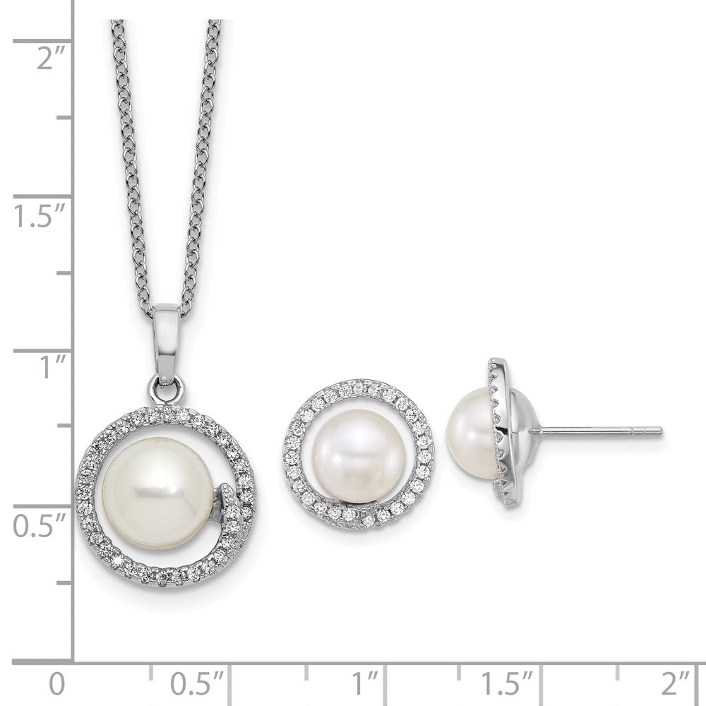 Sterling Silver Rhodium-plated 7-9mm Button White Freshwater Cultured Pearl and CZ Halo 17 inch Necklace and Post Earring Set