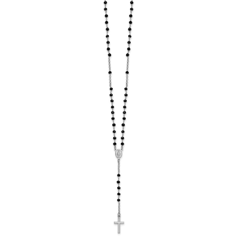 Sterling Silver Rhodium-plated Black Crystal 18.5 inch with 1 inch extender Rosary Necklace