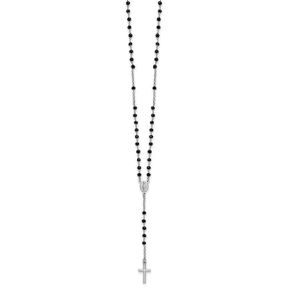 Sterling Silver Rhodium-plated Black Crystal 18.5 inch with 1 inch extender Rosary Necklace