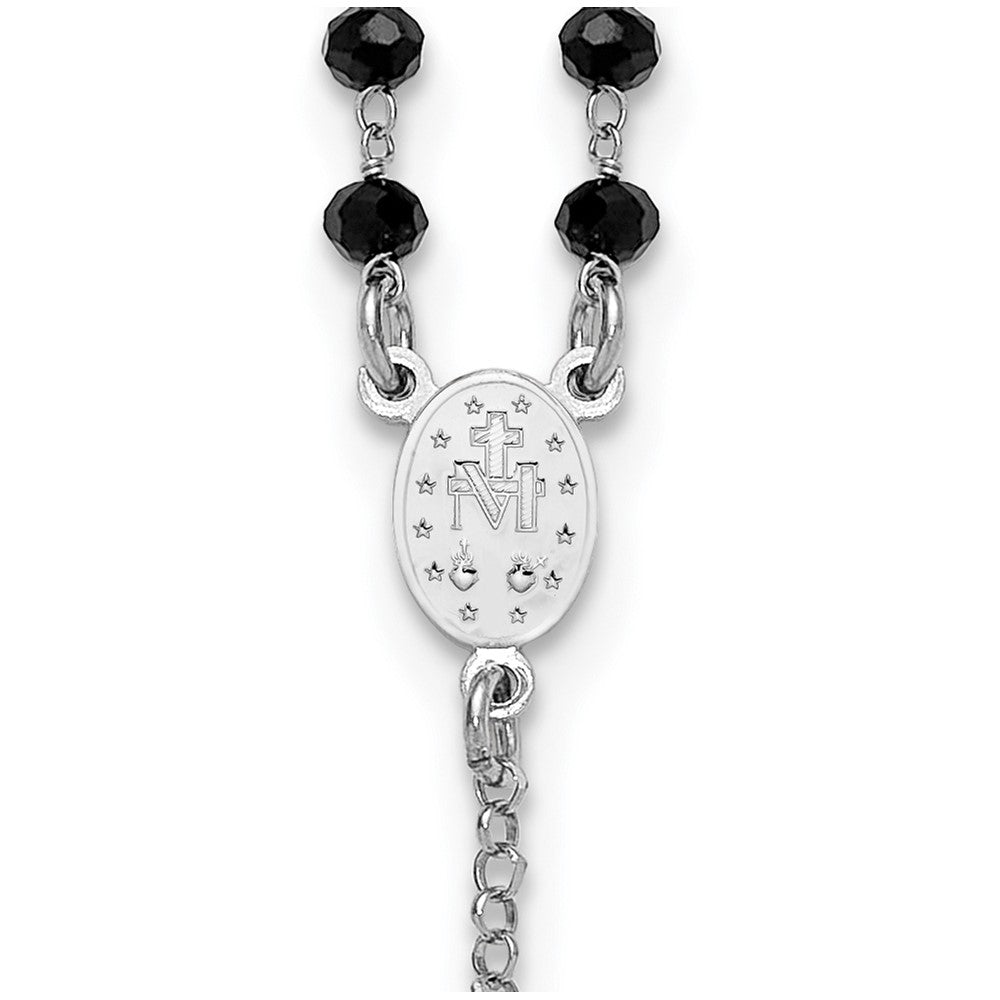 Sterling Silver Rhodium-plated Black Crystal 18.5 inch with 1 inch extender Rosary Necklace