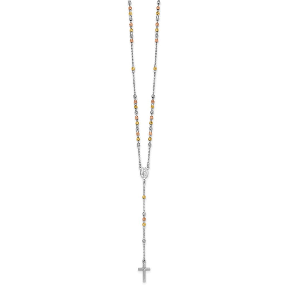 Sterling Silver Rhodium-plated Diamond-cut Tri-color Gold-plated 18.5 inch with 1 inch extender Rosary Necklace