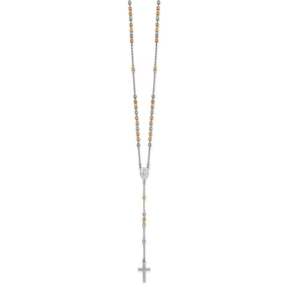 Sterling Silver Rhodium-plated Diamond-cut Tri-color Gold-plated 18.5 inch with 1 inch extender Rosary Necklace