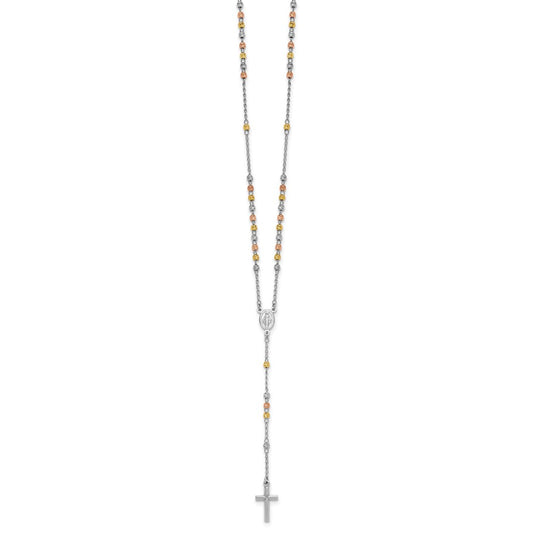 Sterling Silver Rhodium-plated Diamond-cut Tri-color Gold-plated 18.5 inch with 1 inch extender Rosary Necklace
