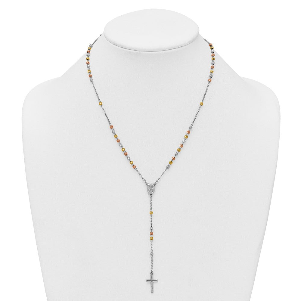 Sterling Silver Rhodium-plated Diamond-cut Tri-color Gold-plated 18.5 inch with 1 inch extender Rosary Necklace