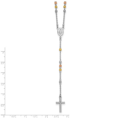 Sterling Silver Rhodium-plated Diamond-cut Tri-color Gold-plated 18.5 inch with 1 inch extender Rosary Necklace