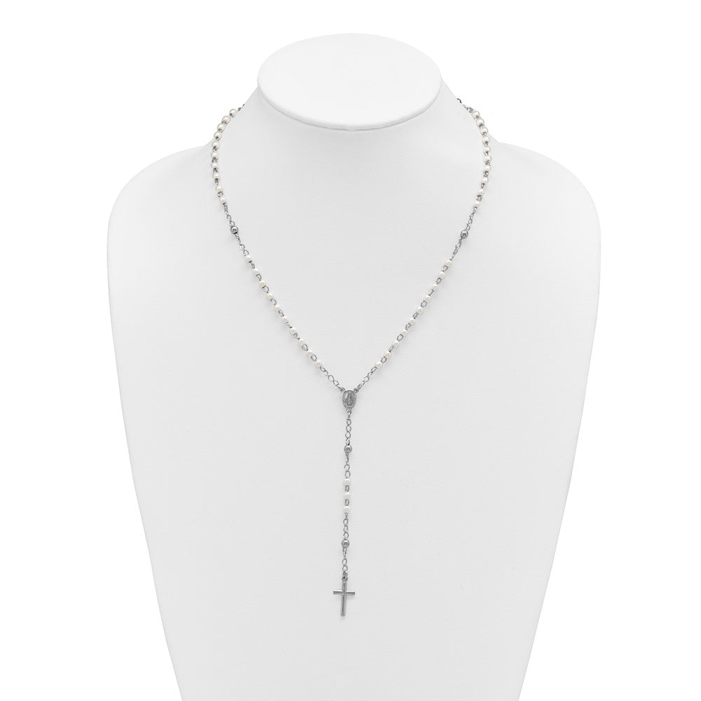 Sterling Silver Rhodium-plated Plastic Imitation Pearl 19.75 inch with 1 inch extender Rosary Necklace