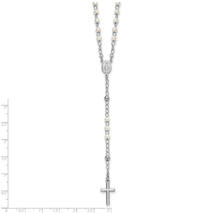 Sterling Silver Rhodium-plated Plastic Imitation Pearl 19.75 inch with 1 inch extender Rosary Necklace