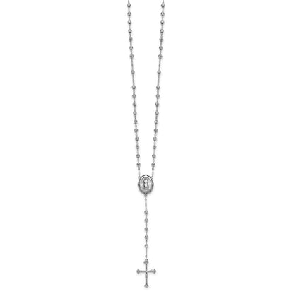 Sterling Silver Rhodium-plated CZ Diamond-cut Beaded 18 inch Rosary Necklace