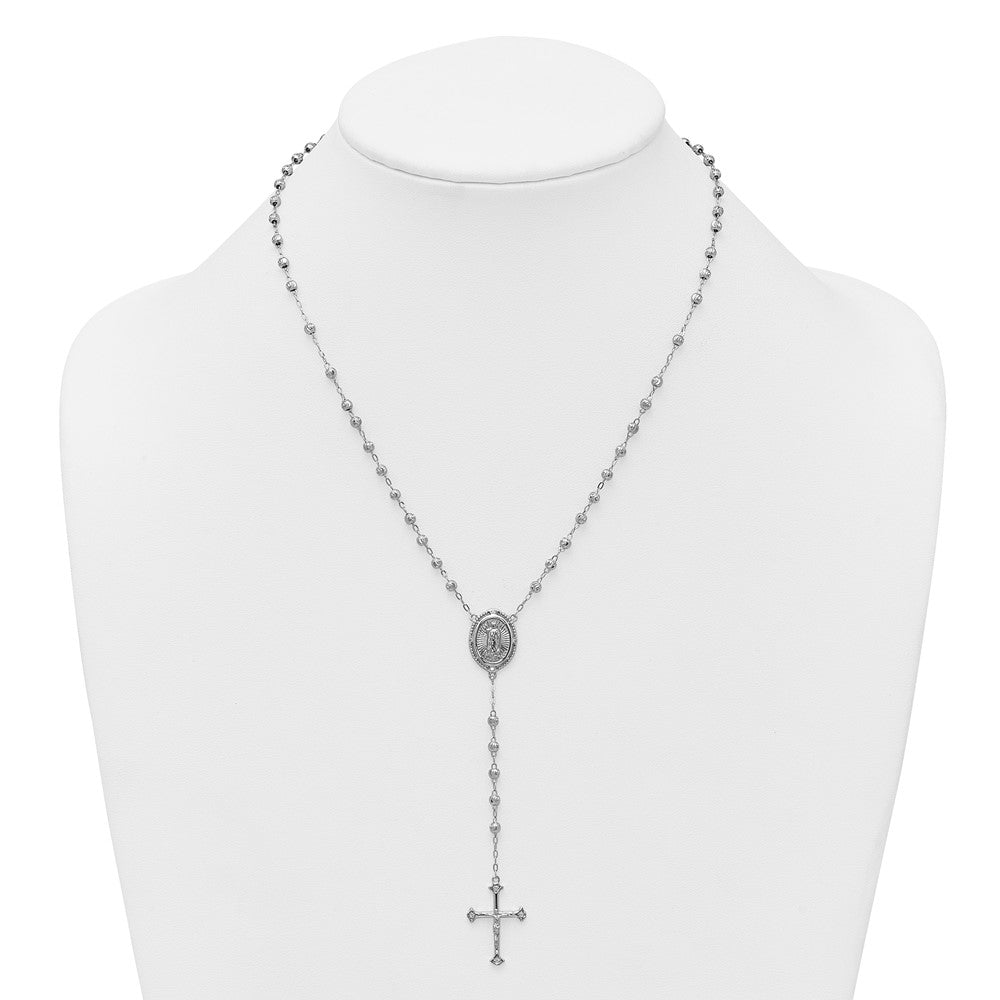 Sterling Silver Rhodium-plated CZ Diamond-cut Beaded 18 inch Rosary Necklace