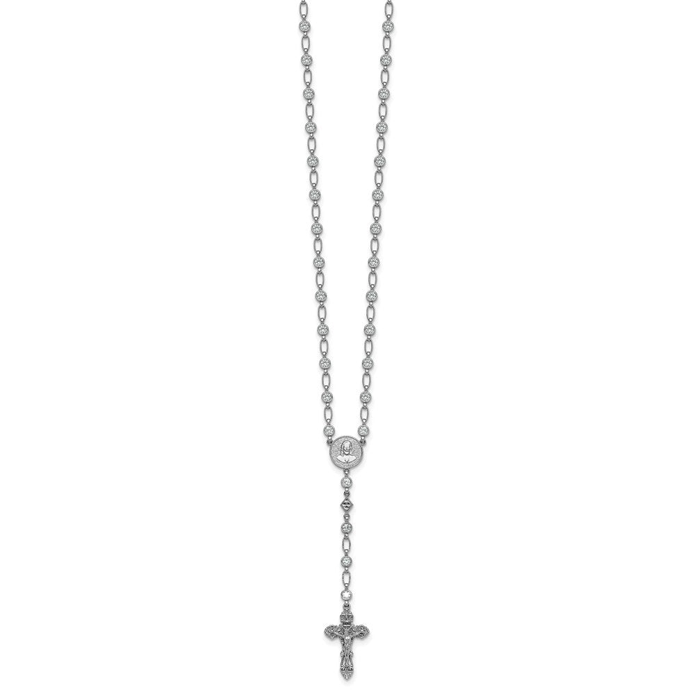 Sterling Silver Rhodium-plated Polished Round CZ 25.25 inch Rosary Necklace