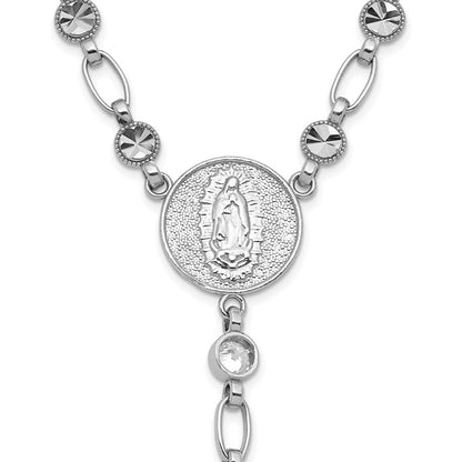 Sterling Silver Rhodium-plated Polished CZ and Diamond-cut Circles 25.5 inch Rosary Necklace