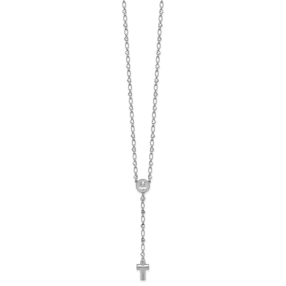 Sterling Silver Rhodium-plated CZ and Diamond-cut Heart Link with Cross Ash Holder 26.5 inch Rosary Necklace