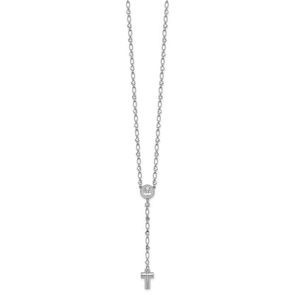 Sterling Silver Rhodium-plated CZ and Diamond-cut Heart Link with Cross Ash Holder 26.5 inch Rosary Necklace