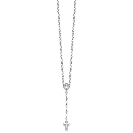 Sterling Silver Rhodium-plated CZ and Diamond-cut Heart Link with Cross Ash Holder 26.5 inch Rosary Necklace