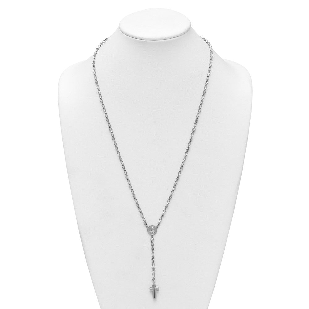 Sterling Silver Rhodium-plated CZ and Diamond-cut Heart Link with Cross Ash Holder 26.5 inch Rosary Necklace