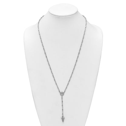 Sterling Silver Rhodium-plated CZ and Diamond-cut Heart Link with Cross Ash Holder 26.5 inch Rosary Necklace