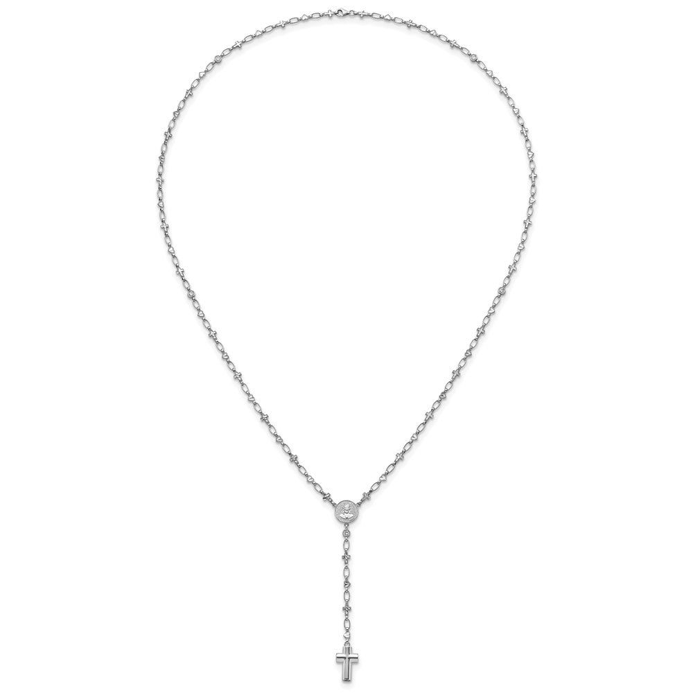 Sterling Silver Rhodium-plated CZ and Diamond-cut Heart and Cross Link with Cross Ash Holder 28.5 inch Rosary Necklace