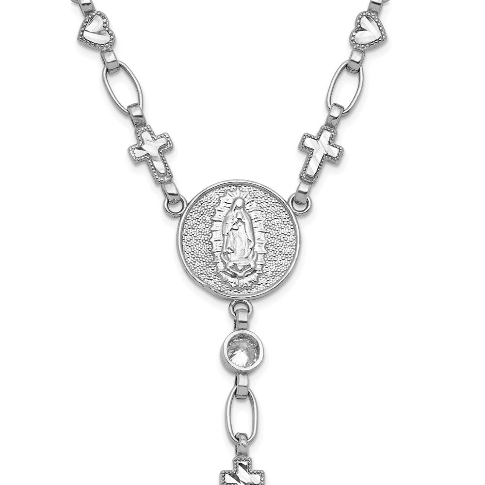 Sterling Silver Rhodium-plated CZ and Diamond-cut Heart and Cross Link with Cross Ash Holder 28.5 inch Rosary Necklace