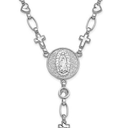 Sterling Silver Rhodium-plated CZ and Diamond-cut Heart and Cross Link with Cross Ash Holder 28.5 inch Rosary Necklace