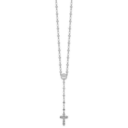 Sterling Silver Rhodium-plated Polished CZ and Diamond-cut Crosses 30.5 inch Rosary Necklace