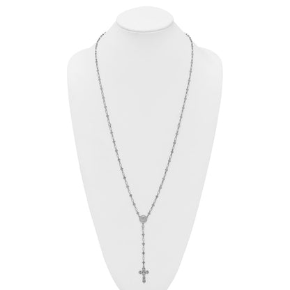 Sterling Silver Rhodium-plated Polished CZ and Diamond-cut Crosses 30.5 inch Rosary Necklace
