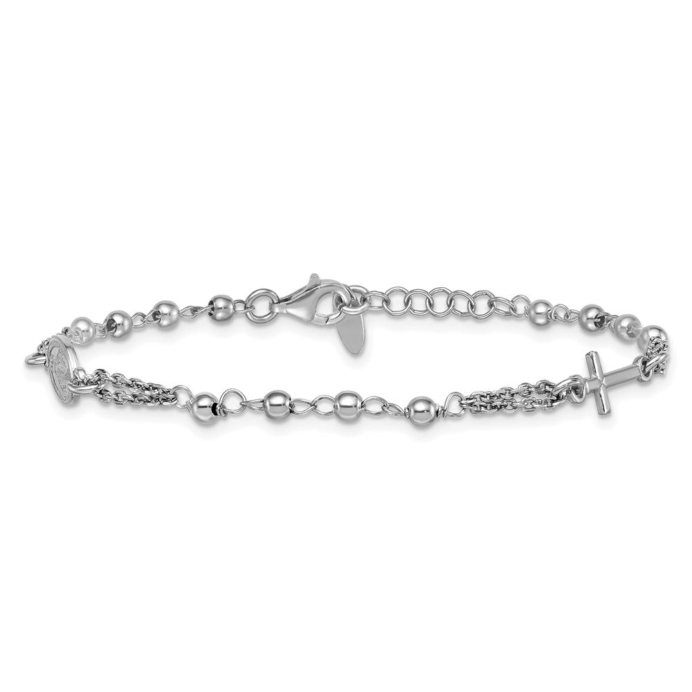 Sterling Silver Rhodium-plated 7.25 inch with 0.5 inch extender Rosary Themed Bracelet