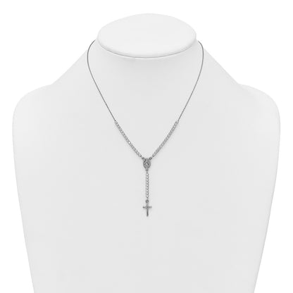 Sterling Silver Rhodium-plated Polished CZ 15.5 inch with 2 inch extender Rosary Necklace