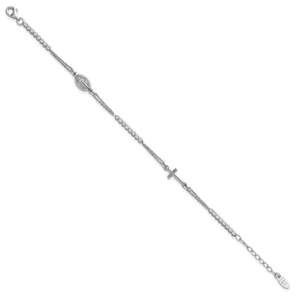 Sterling Silver Rhodium-plated Polished CZ 6.75 inch with 1.25 inch extender Rosary Bracelet