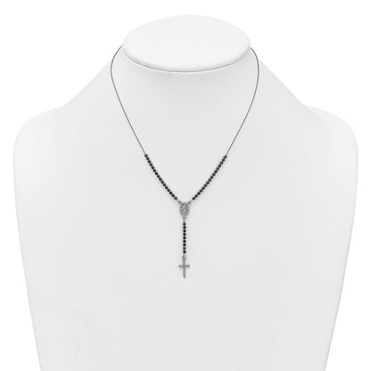 Sterling Silver Rhodium-plated Polished Black CZ 15.5 inch with 2 inch extender Rosary Necklace