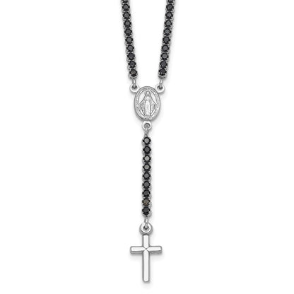 Sterling Silver Rhodium-plated Polished Black CZ 15.5 inch with 2 inch extender Rosary Necklace