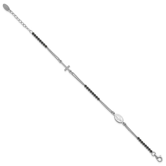 Sterling Silver Rhodium-plated Polished Black CZ 6.75 inch with 1.25 inch extender Rosary Bracelet