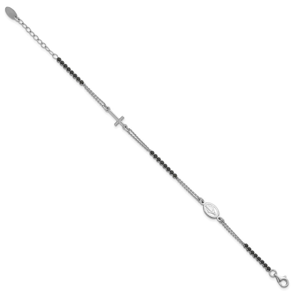 Sterling Silver Rhodium-plated Polished Black CZ 6.75 inch with 1.25 inch extender Rosary Bracelet