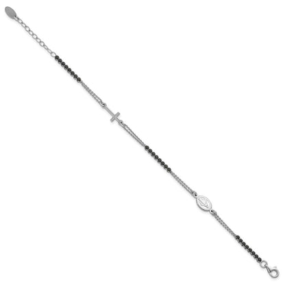 Sterling Silver Rhodium-plated Polished Black CZ 6.75 inch with 1.25 inch extender Rosary Bracelet